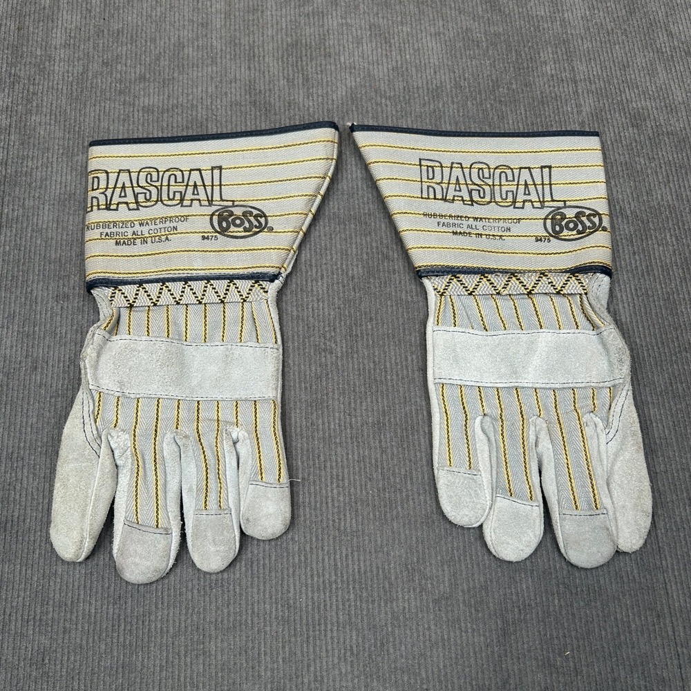 Vintage Boss Rascal 9475 Work Gloves Gray Leather Striped Cotton Waterproof USA